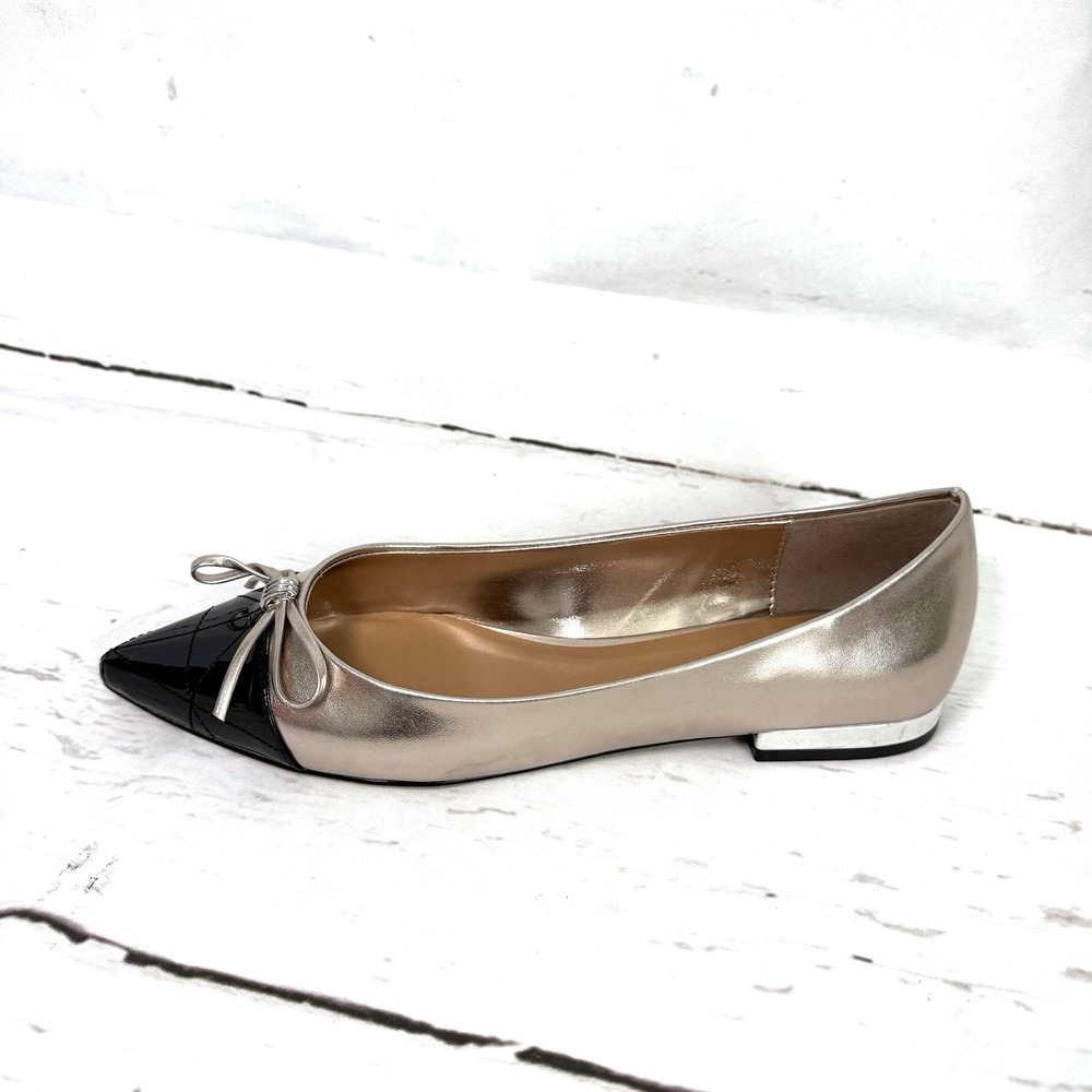 Aldo Shoes Women's 8 Gold Black Ballet Flats Pointed Toe Bow Patent Leather New